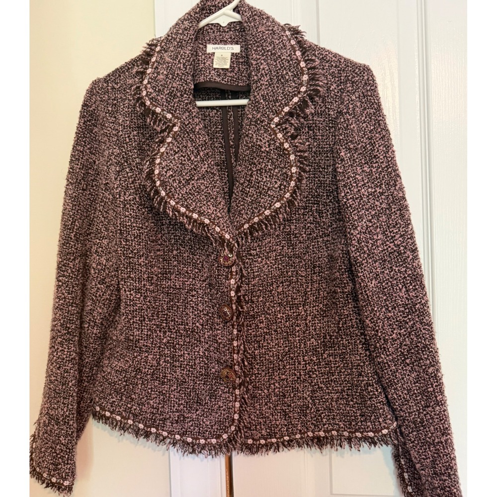 Harolds Brown Pink Tweed Blazer Floral Embroidery Fringe Jewel Button Jacket 8